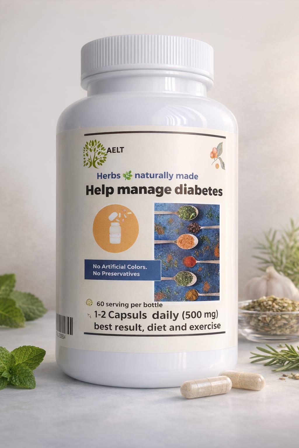 Herbal Diabetes Support Supplement in a white bottle, promoting natural blood sugar management with herbal capsules.