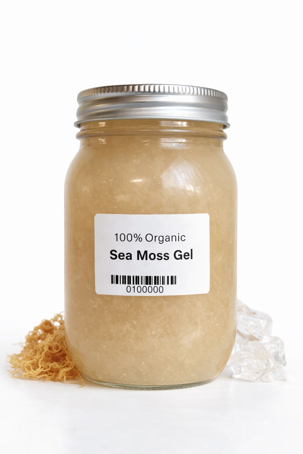 100% Organic Sea Moss Gel in a jar, providing essential Multi-vitamins & Minerals for health and wellness.