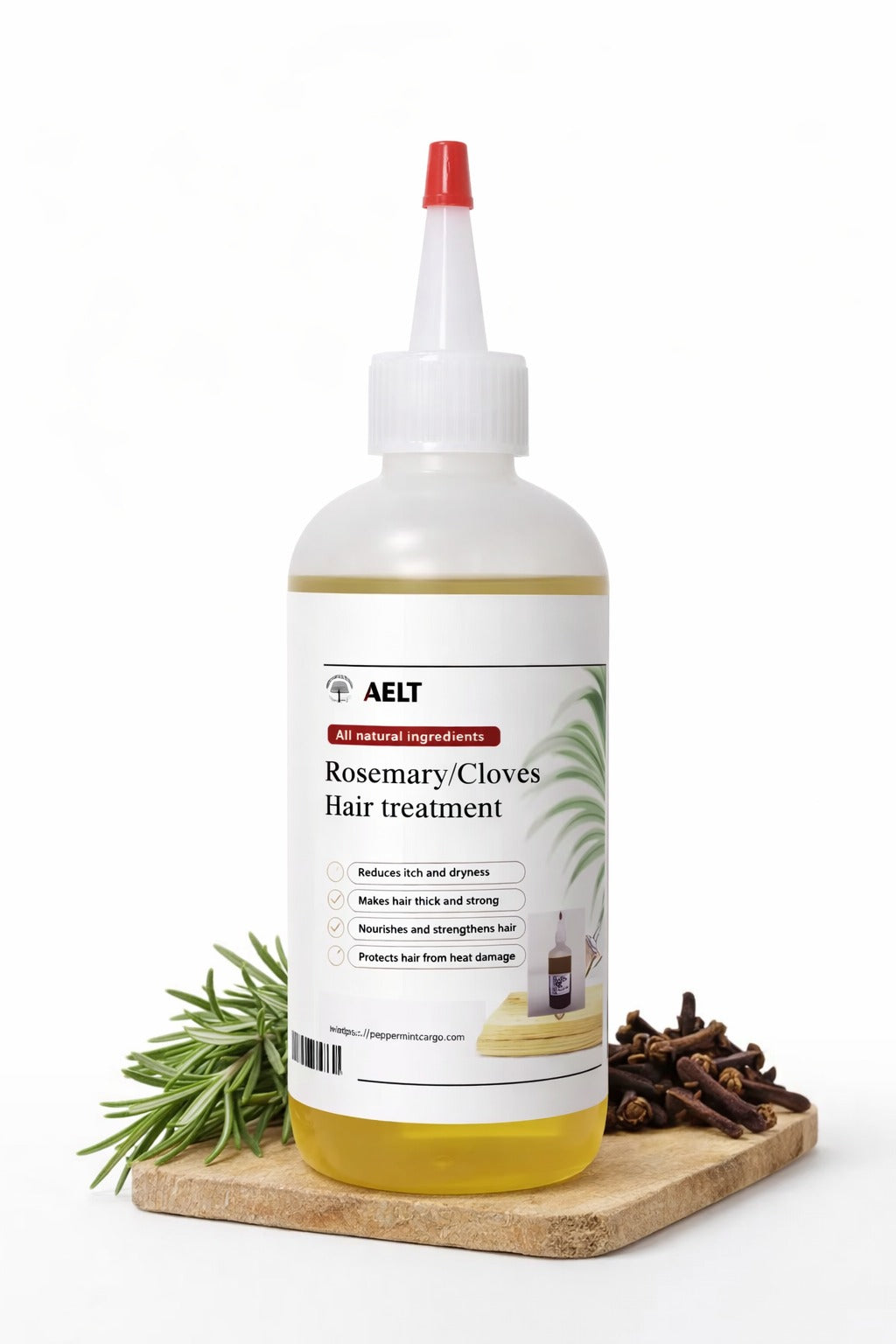 Natural Hair Treatment Oil in a bottle with rosemary and cloves, designed for all hair types, promotes hair growth and scalp nourishment.