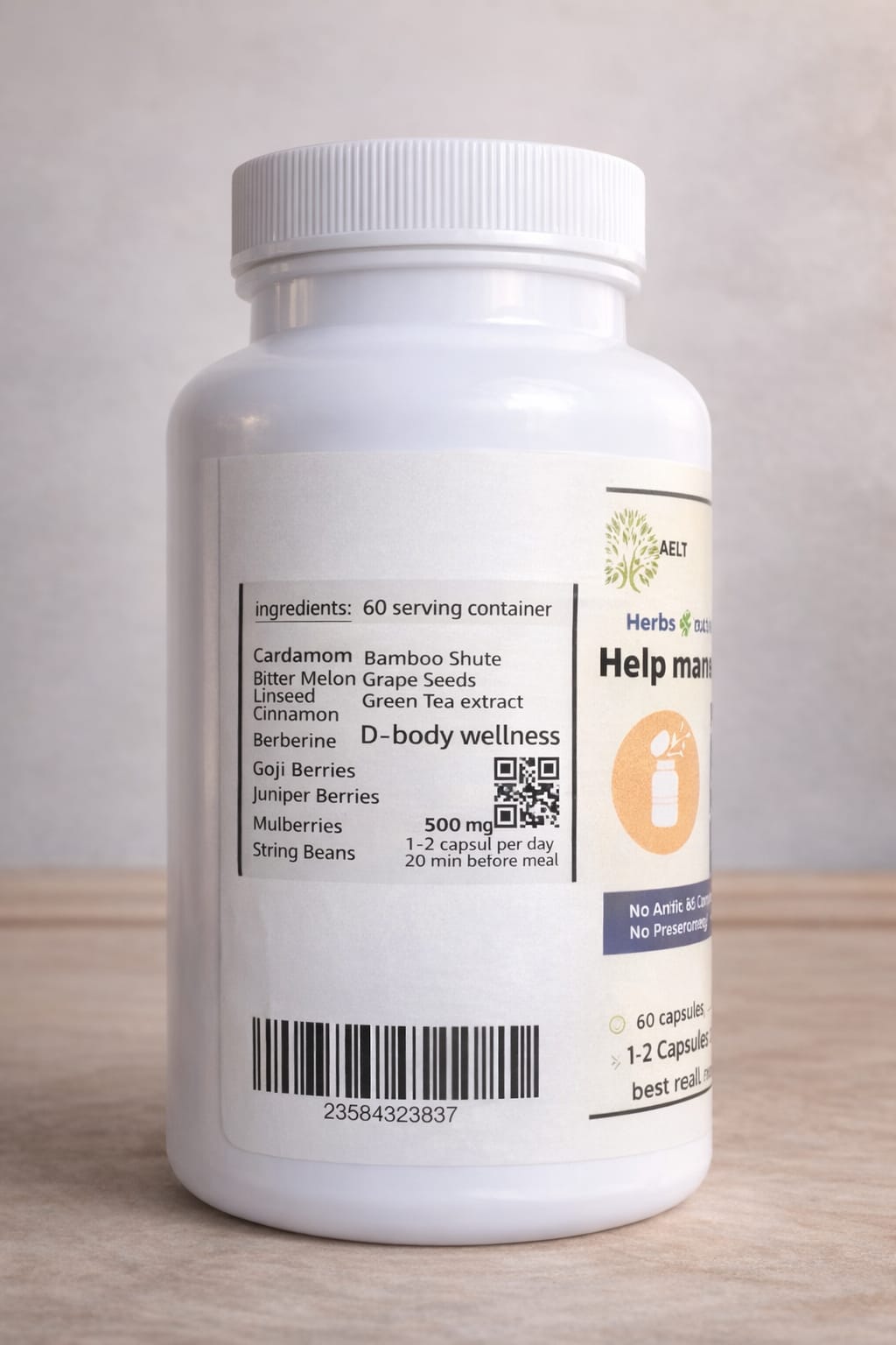 Herbal Diabetes Support Supplement bottle with ingredients list, featuring D-Body Wellness 500mg capsules for blood sugar management.